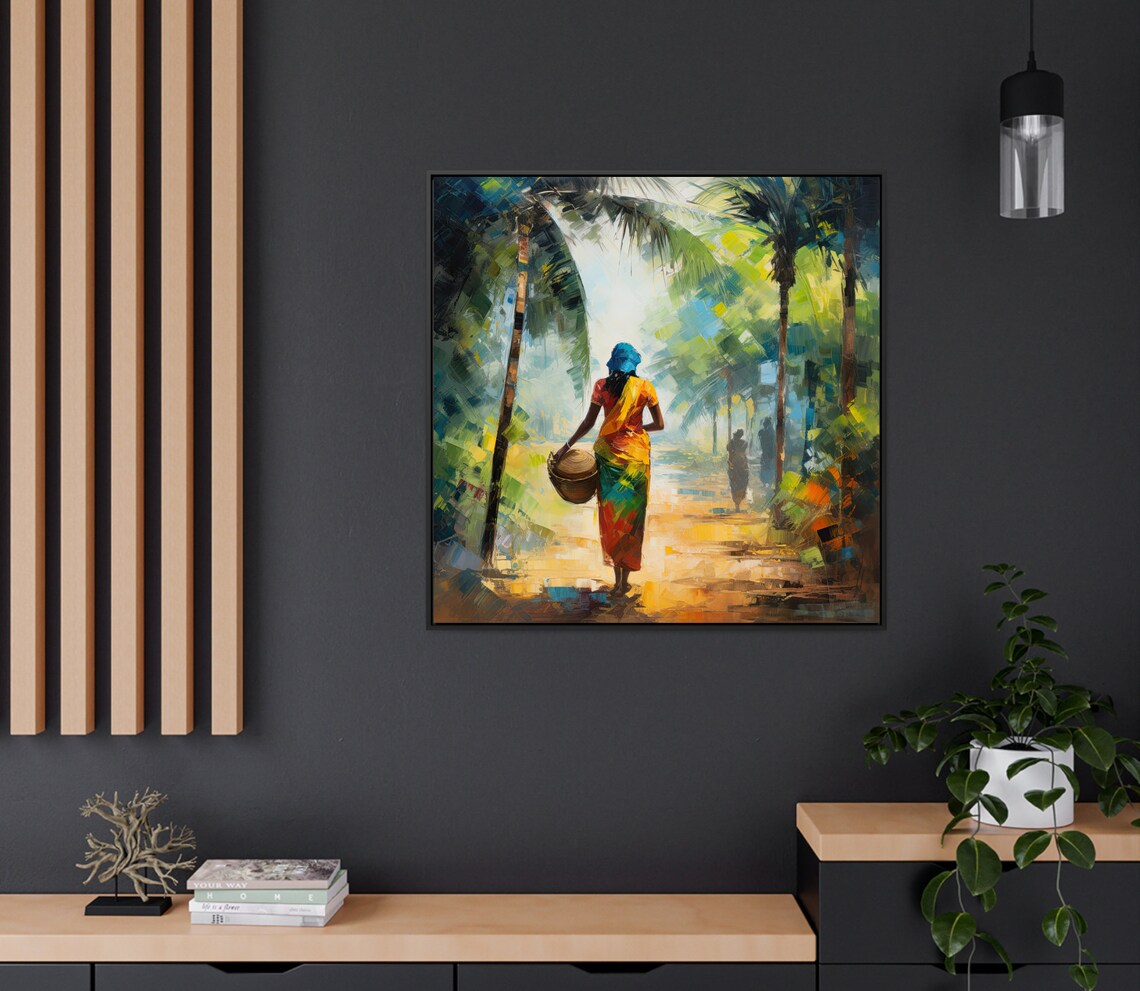 South Indian Woman in Sari Walking Through Palm Grove Poster - Image 2