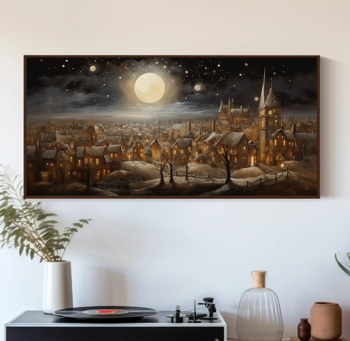 Christmas Eve Moonlit Town Panorama Winter Night Holiday Art Poster