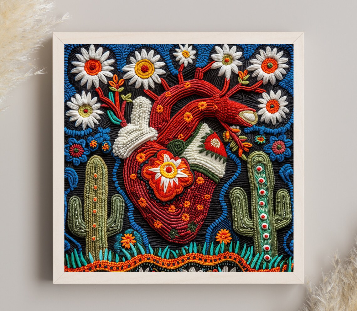 Cactus Flower Heart Huichol Mexican Folk Art Print