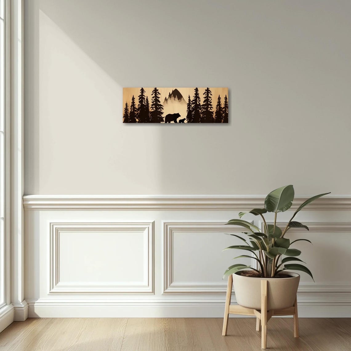 Bear And Cub Silhouette In Pine Forest Panoramic Mountain Poster - Image 2