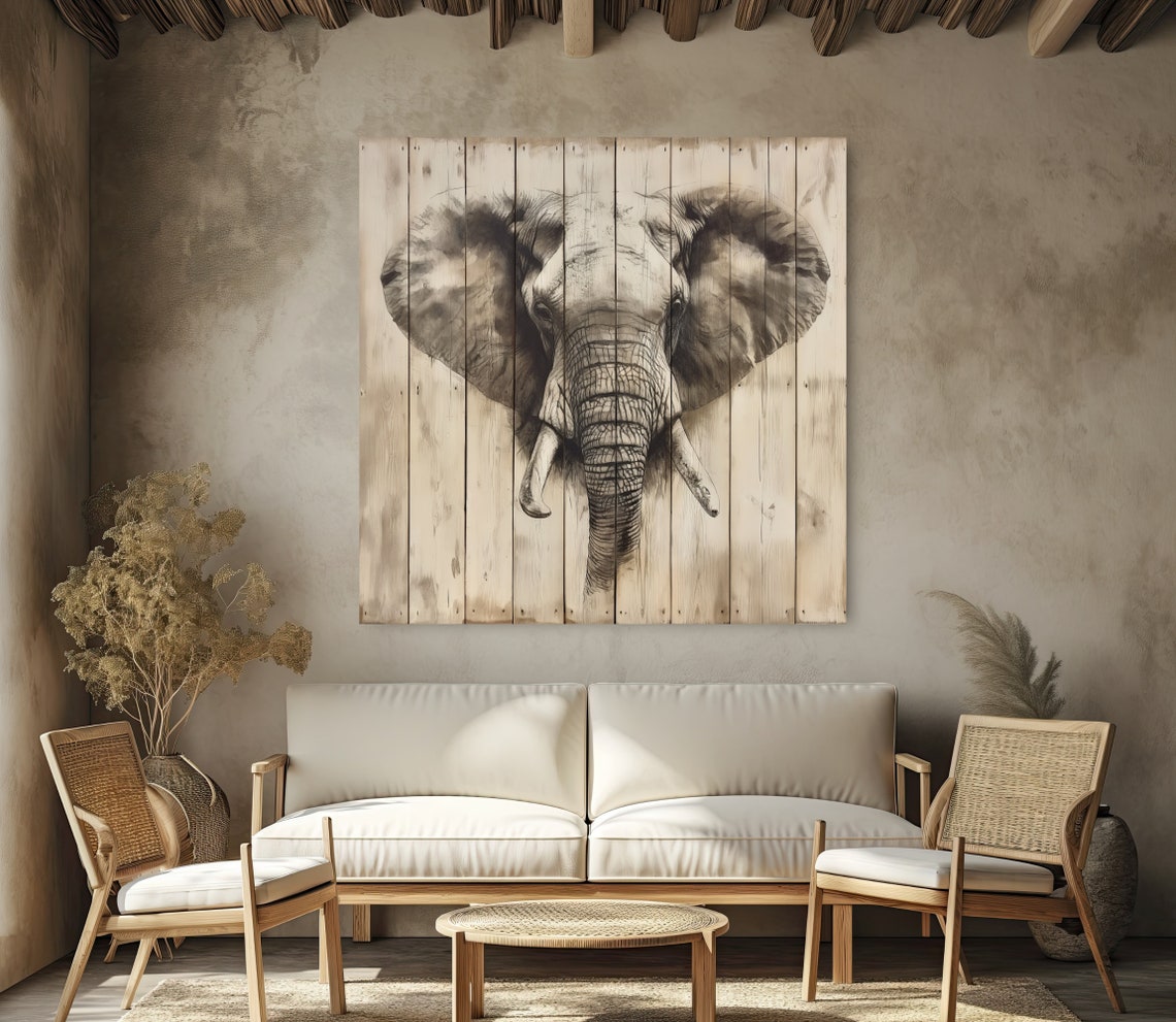 African Elephant Sketch On Whitewashed Wood Safari Wall Poster