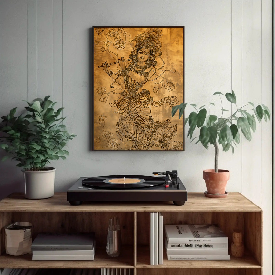 Lord Krishna Playing Flute Gold Line Art Hindu God Wall Poster - Image 2