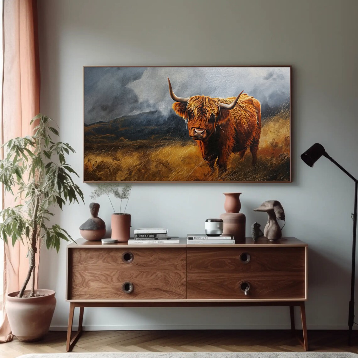 Highland Cow in Misty Field Moody Rustic Farm Painting Poster - Image 5