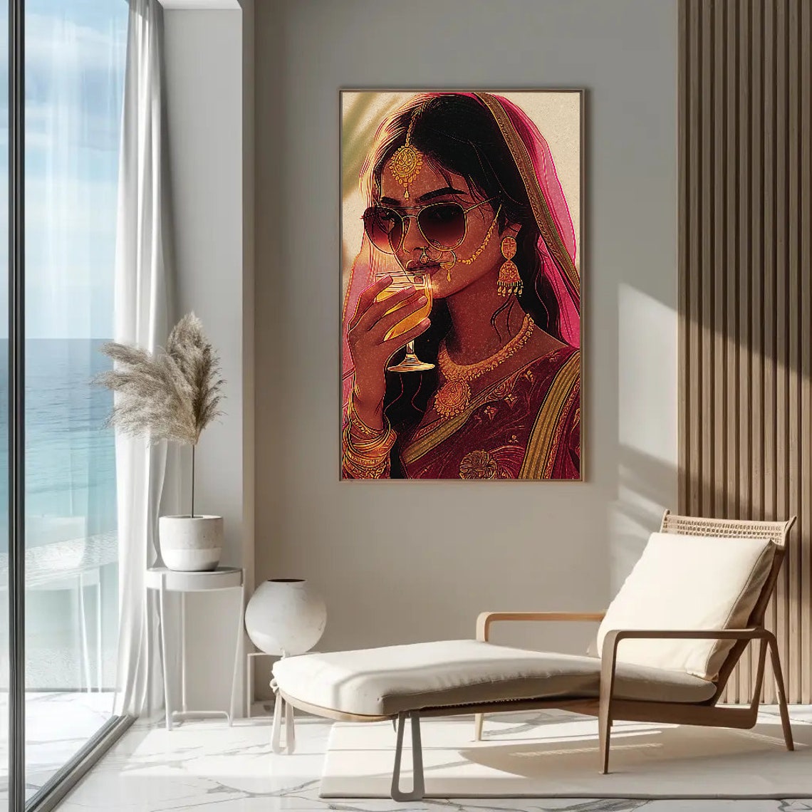 Modern Woman Drinking Wine Illustration Print Brown Girl Art Desi Girl Wall Art Girls Room Print Desi Wall Art South Asian Decor - Image 3