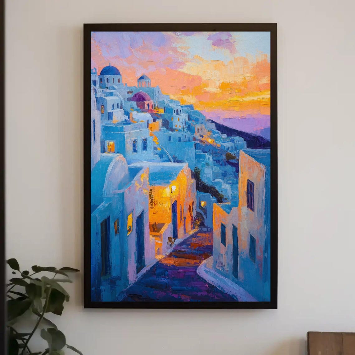 Greek Island Village At Sunset Pink Sky Santorini Style Poster