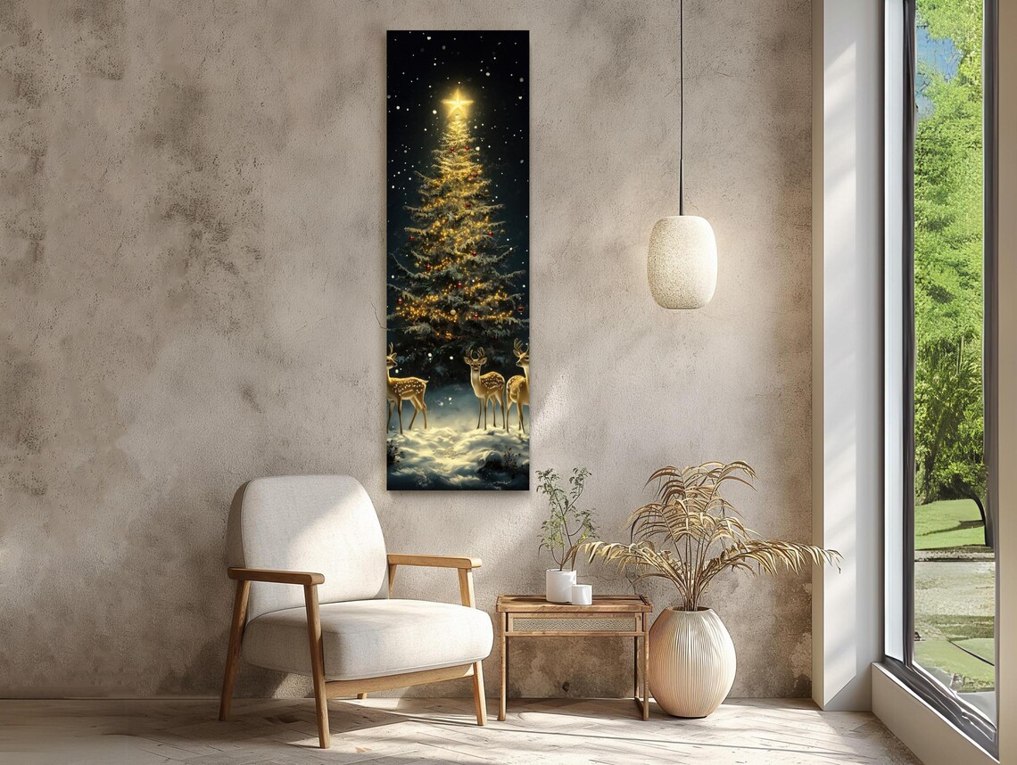 Golden Christmas Tree and Deer Holiday Art Print - Image 2