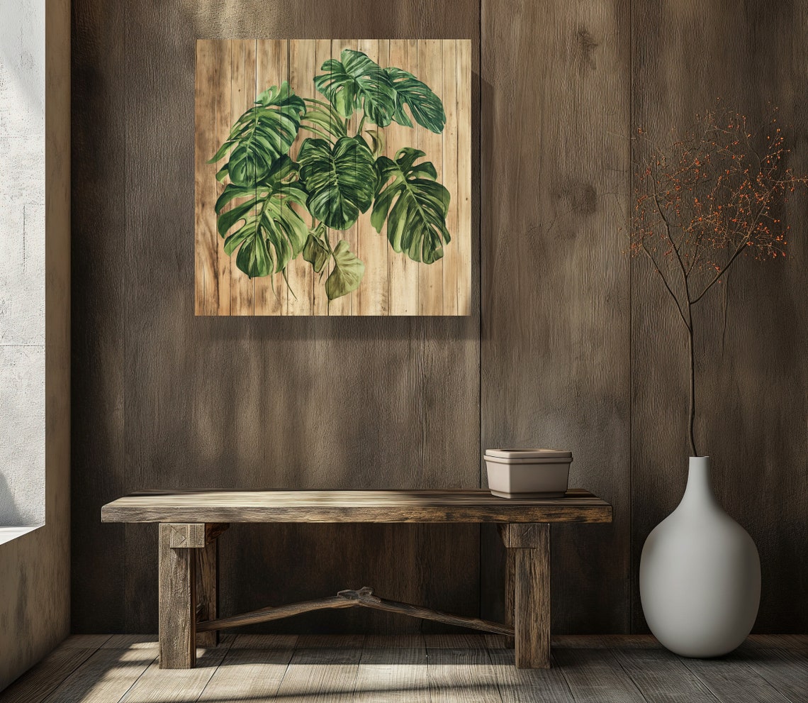 Monstera Deliciosa Leaves on Rustic Wood Botanical Farmhouse Poster - Image 4