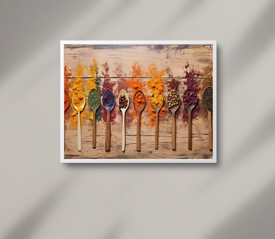Colorful Spices in Wooden Spoons on Rustic Wood Kitchen Art Poster - Image 3