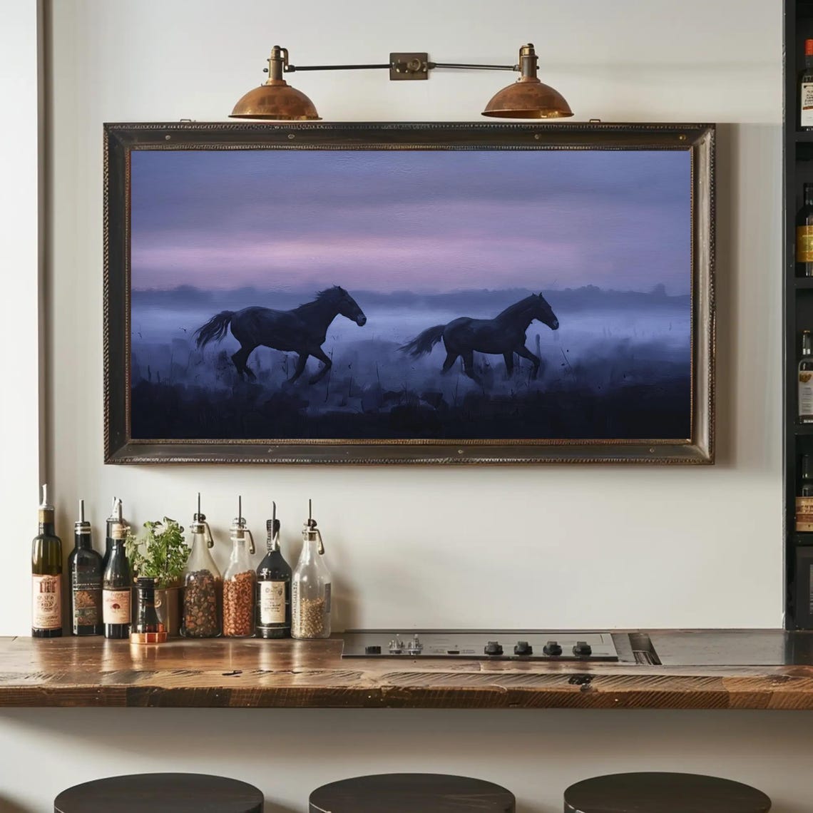 Two Dark Horses Galloping Through Violet Twilight Mist Poster