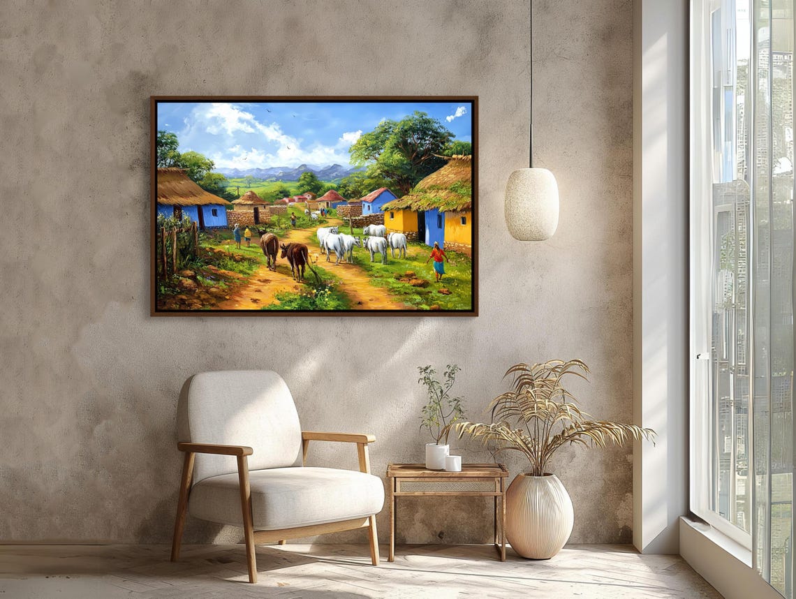 Indian Village Morning with Cattle Walking on Dirt Path Art Poster - Image 4