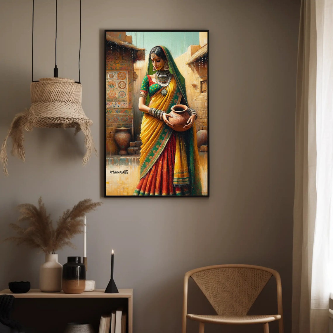 Traditional Indian Woman Holding A Pot Portrait Painting Indian Living Room Decor Desi Wall Art South Asian Painting Framed Print - Image 2