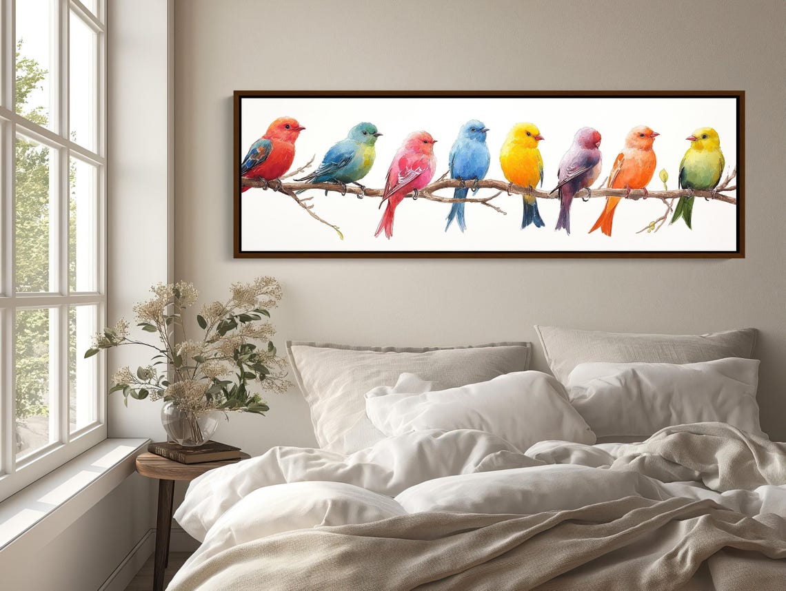 Eight Colorful Birds On A Branch Panoramic Nature Art Poster - Image 3