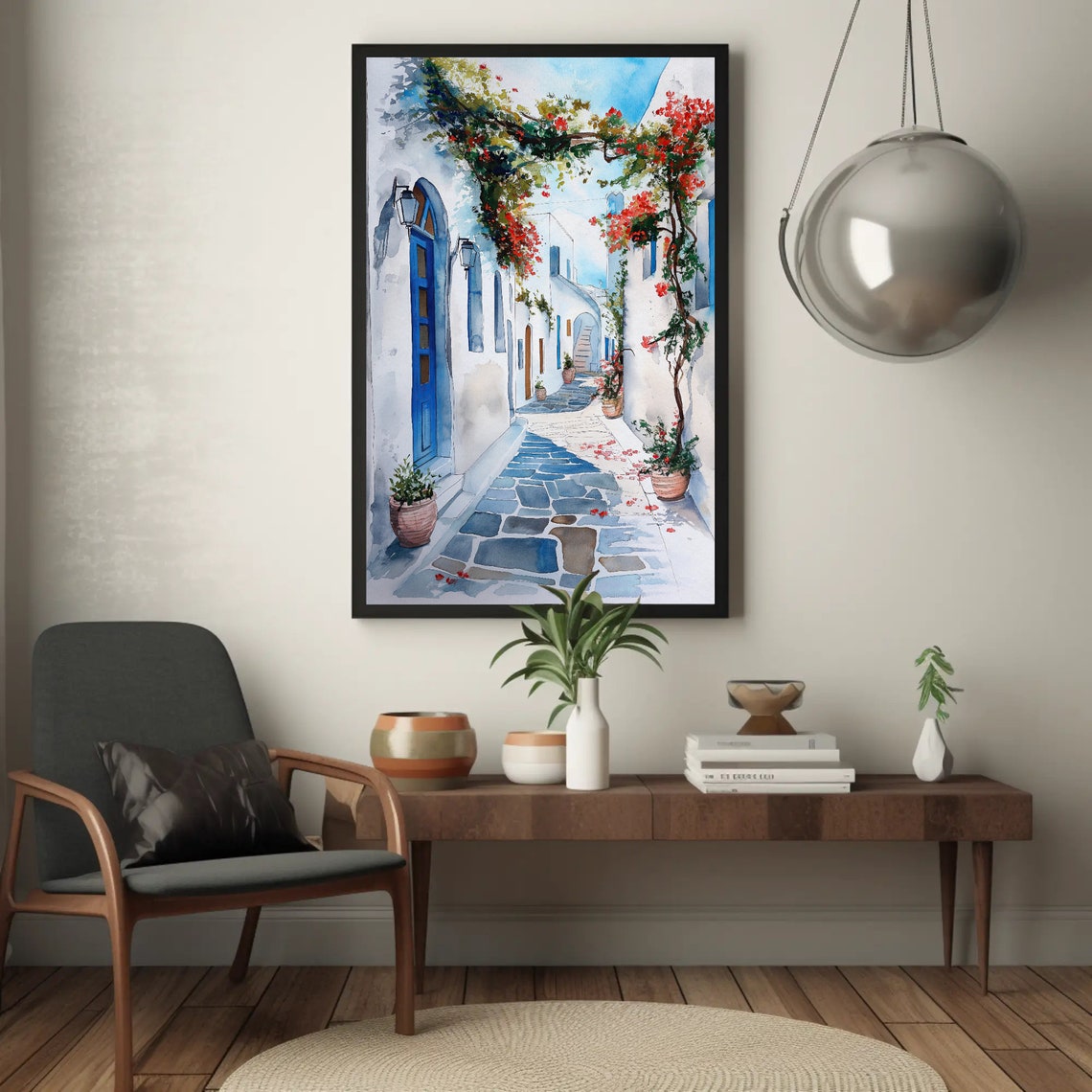 Santorini White Alley With Bougainvillea Watercolor Greece Poster - Image 3