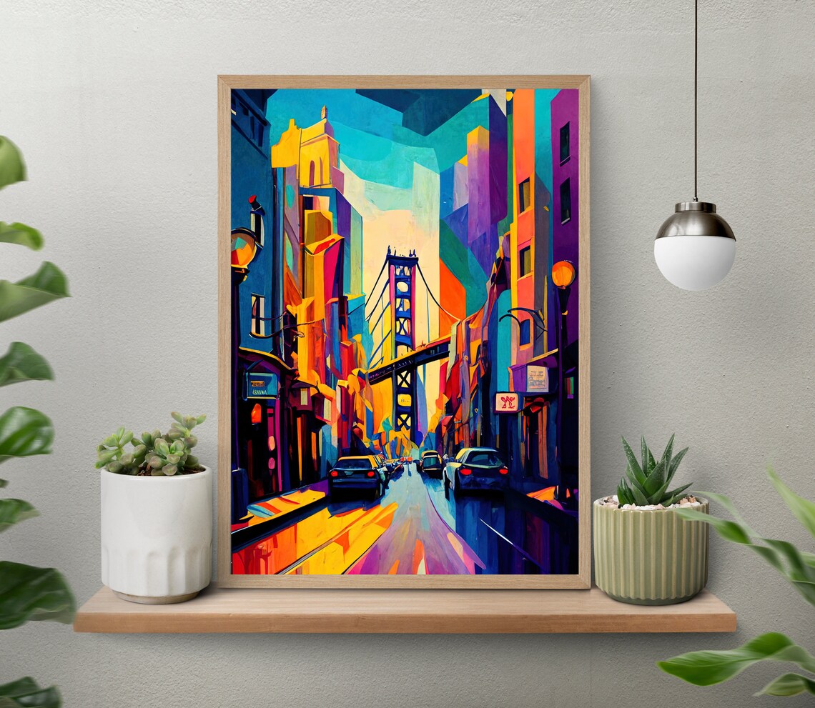 San Francisco Cubist Street Suspension Bridge Rainbow Art Poster - Image 3