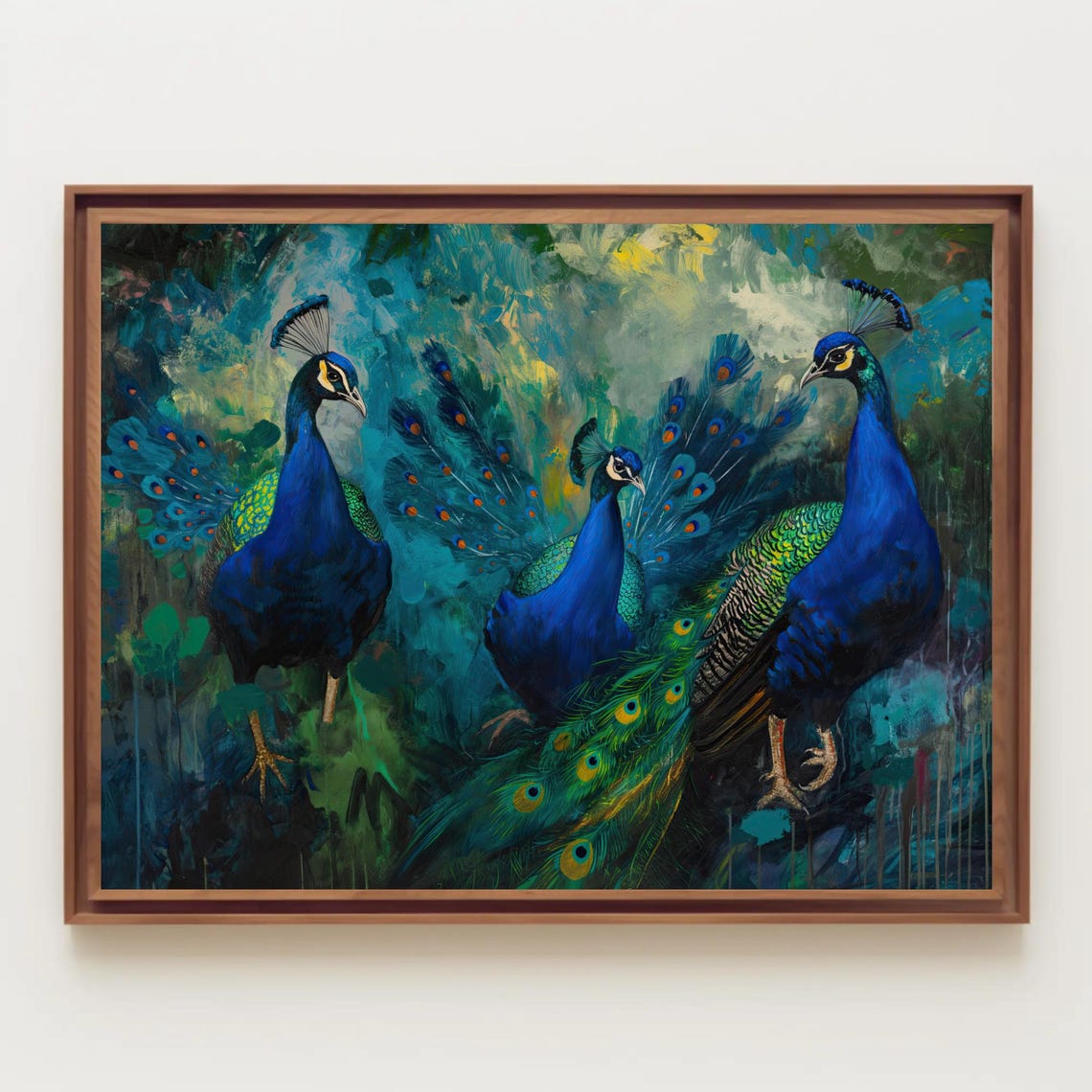 Three Vibrant Peacocks In Blue And Gold Abstract Painting Poster - Image 2