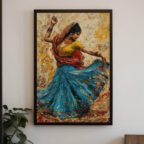 Indian Folk Dance Abstract Painting Indian Cultural Wall Art Framed Ethnic Artwork For Living Room Bedroom Ready To Hang