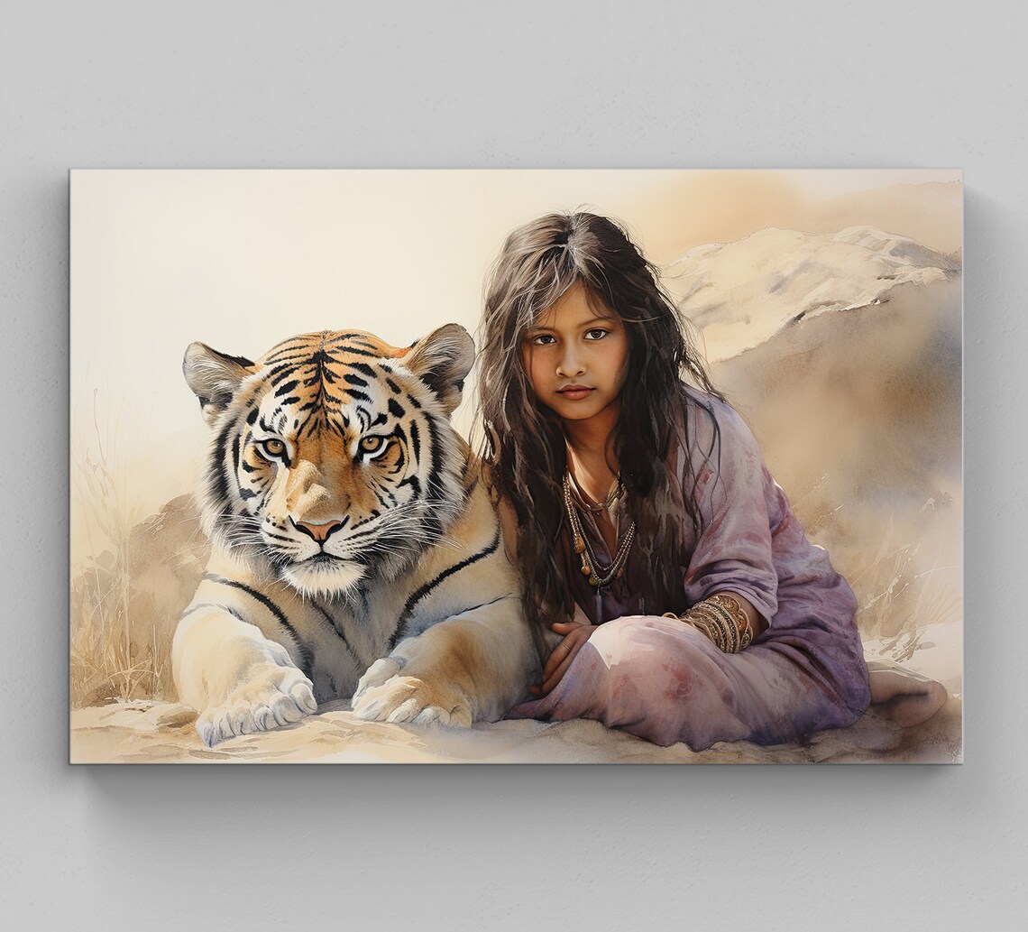 Indian Girl Resting With a Tiger in a Watercolour Painting Poster