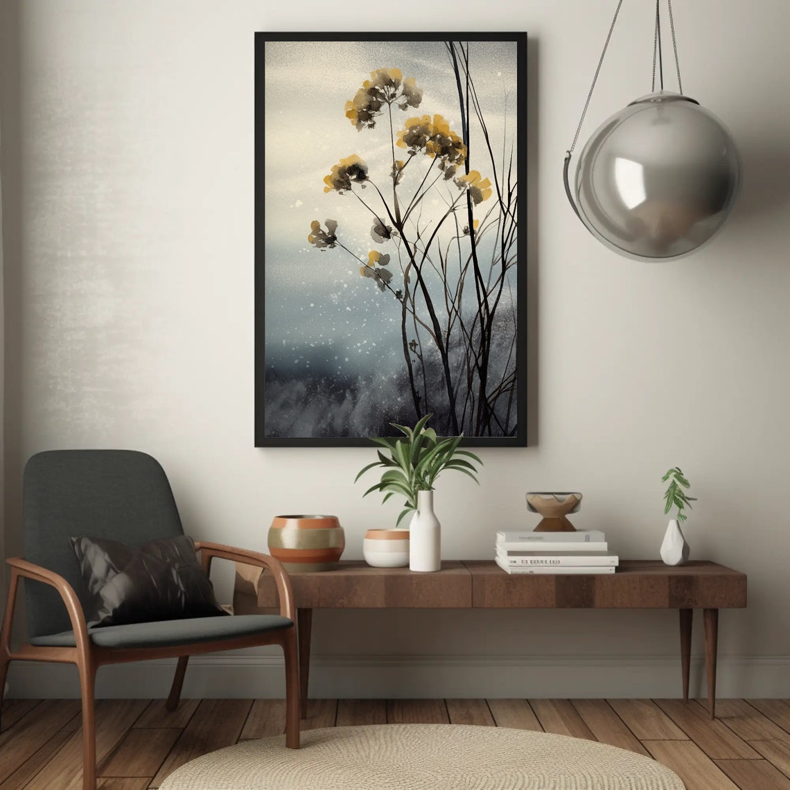 Yellow Blossom Branches Ink Wash Grey Blue Floral Art Poster - Image 5