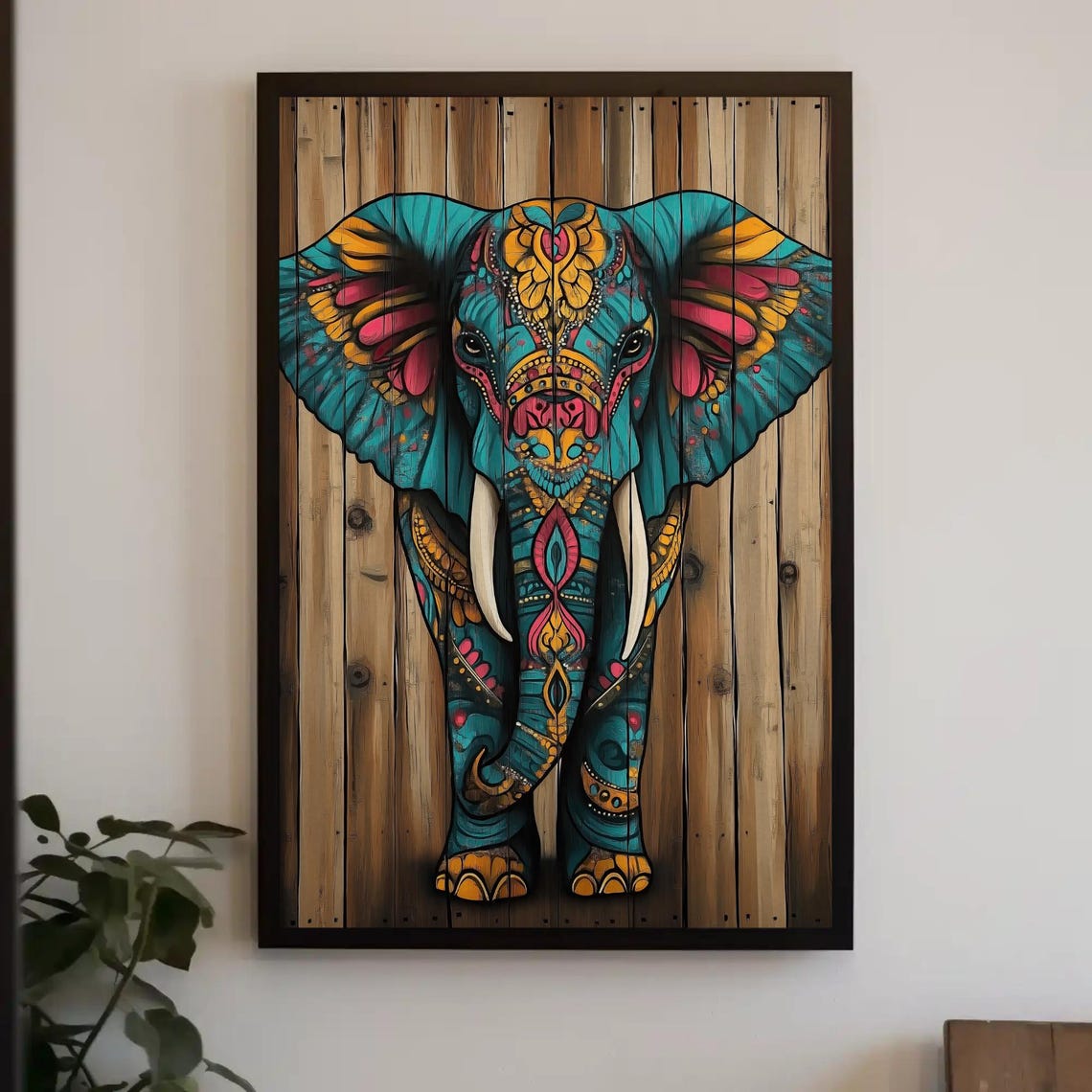 Colorful Mandala Elephant Portrait on Rustic Wood Planks Art Poster