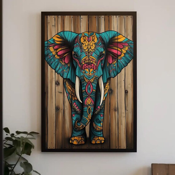 Colorful Mandala Elephant Portrait on Rustic Wood Planks Art Poster