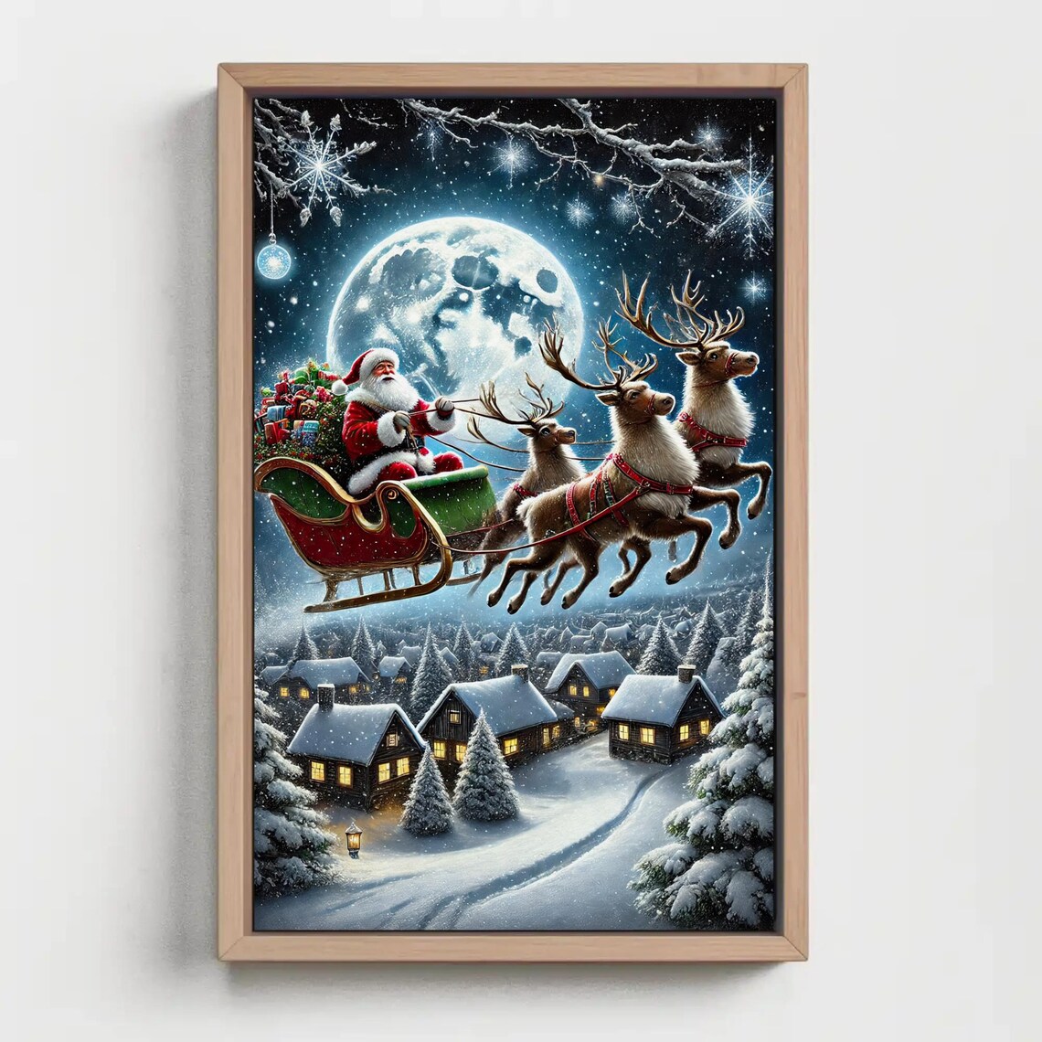 Santa Claus Sleigh Ride Over A Moonlit Snowy Village Night Poster - Image 2