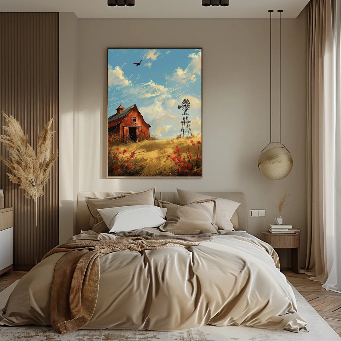Red Barn Windmill Wheat Field Sunny Farm Landscape Art Poster - Image 5