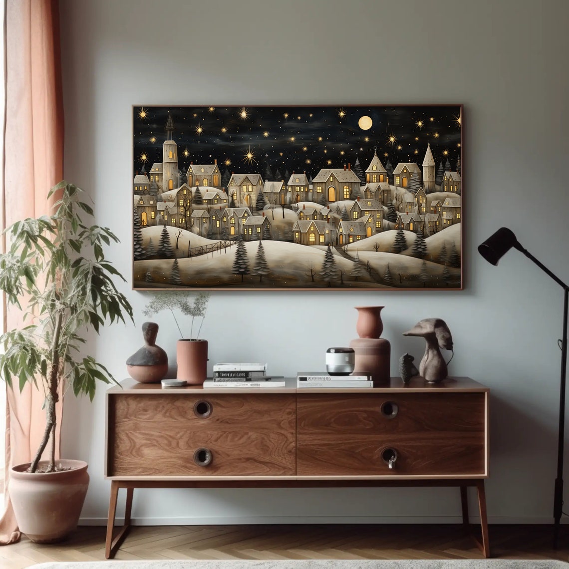 Snowy Christmas Village Panoramic Moonlit Night Scene Poster - Image 4