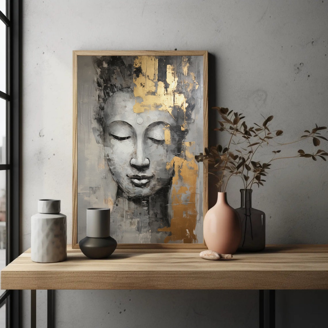 Buddha Portrait with Gold Leaf Abstract Spiritual Decor Print - Image 2