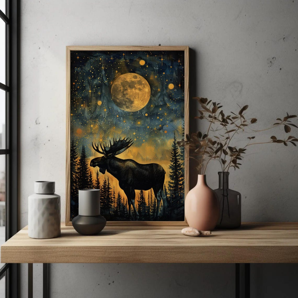 Moose Starry Night Giant Golden Moon Pine Forest Silhouette Poster - Image 3