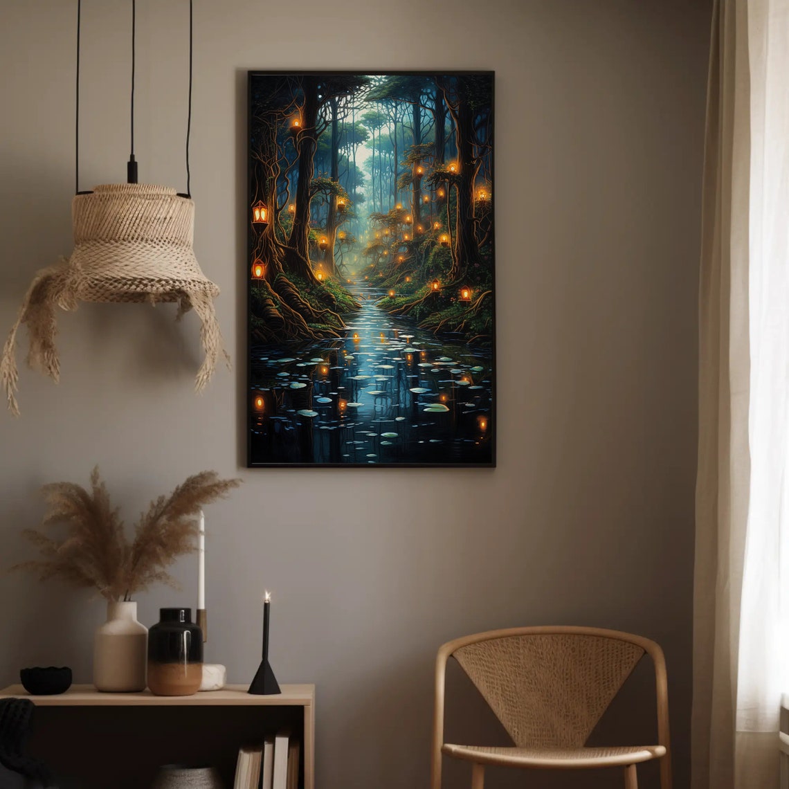 Moonlit Lantern Forest Lily Pad Stream Night Fantasy Decor Print - Image 3
