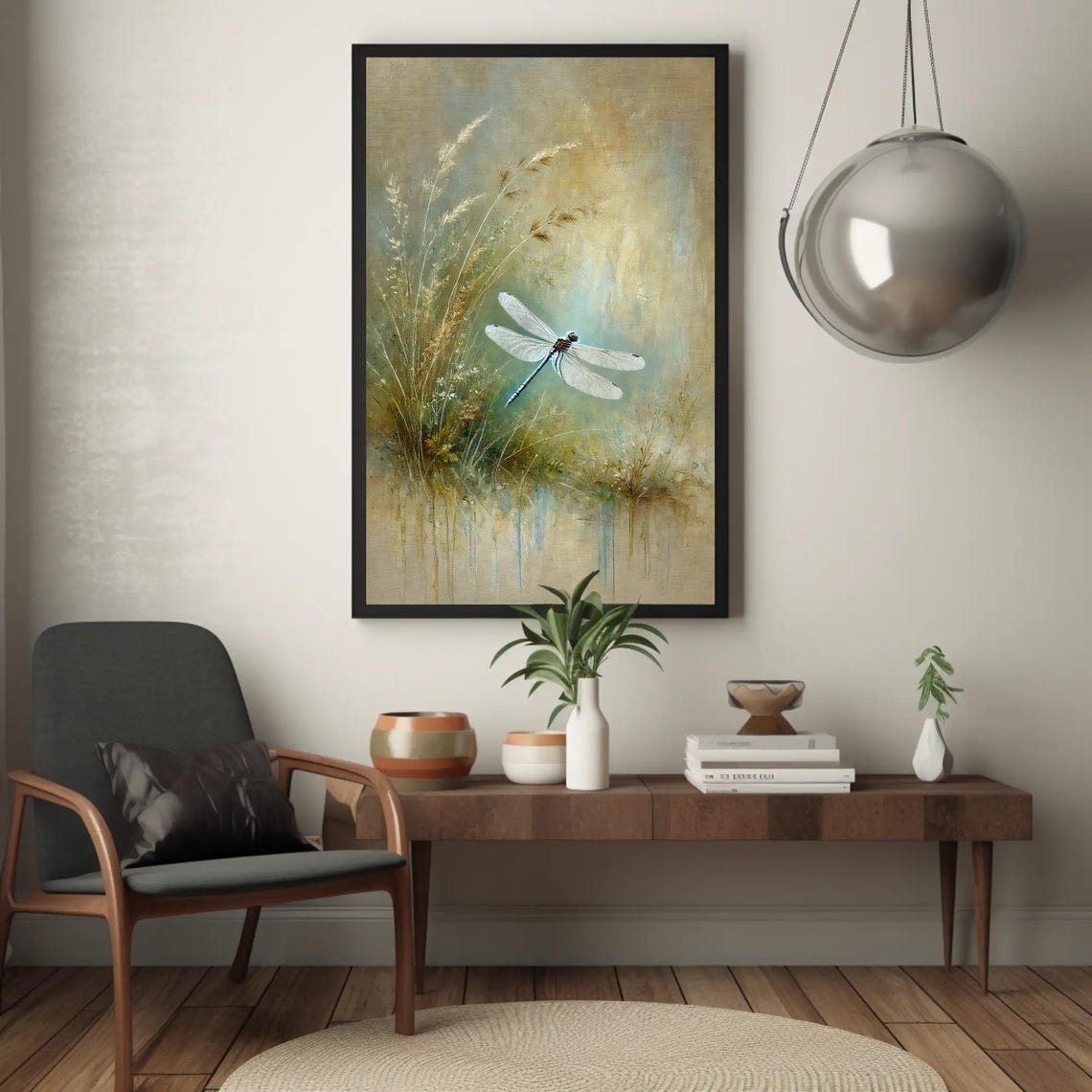White Dragonfly Hovering Among Golden Reeds in Sage Meadow Poster - Image 4