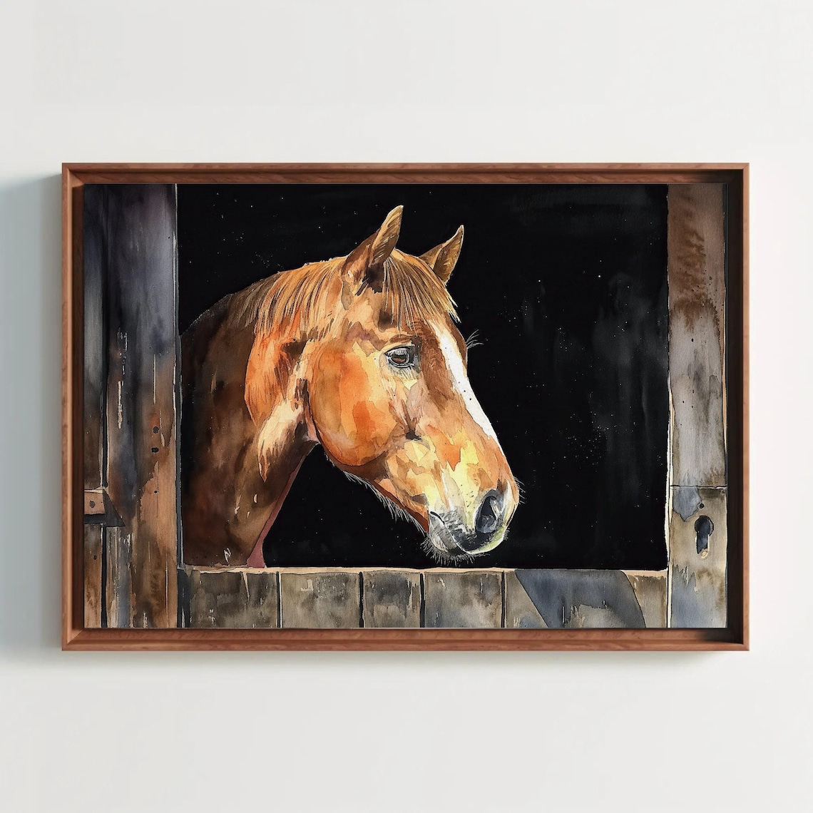 Chestnut Horse Looking Out Of Stable Watercolor Rustic Equine Poster
