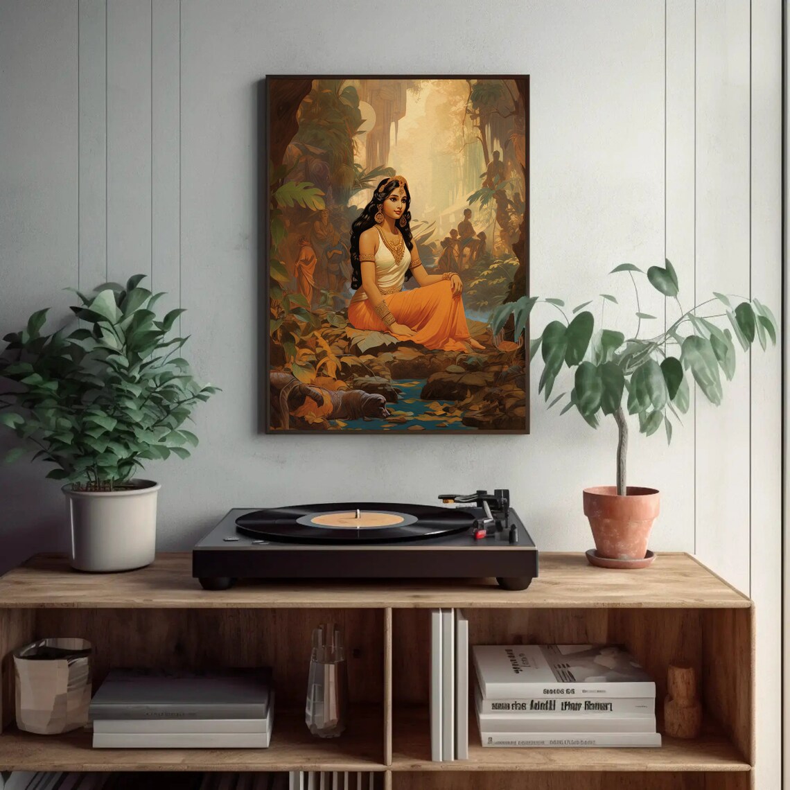 Large Indian Beauty in Jungle Warm Golden Figurative Art Print - Image 2