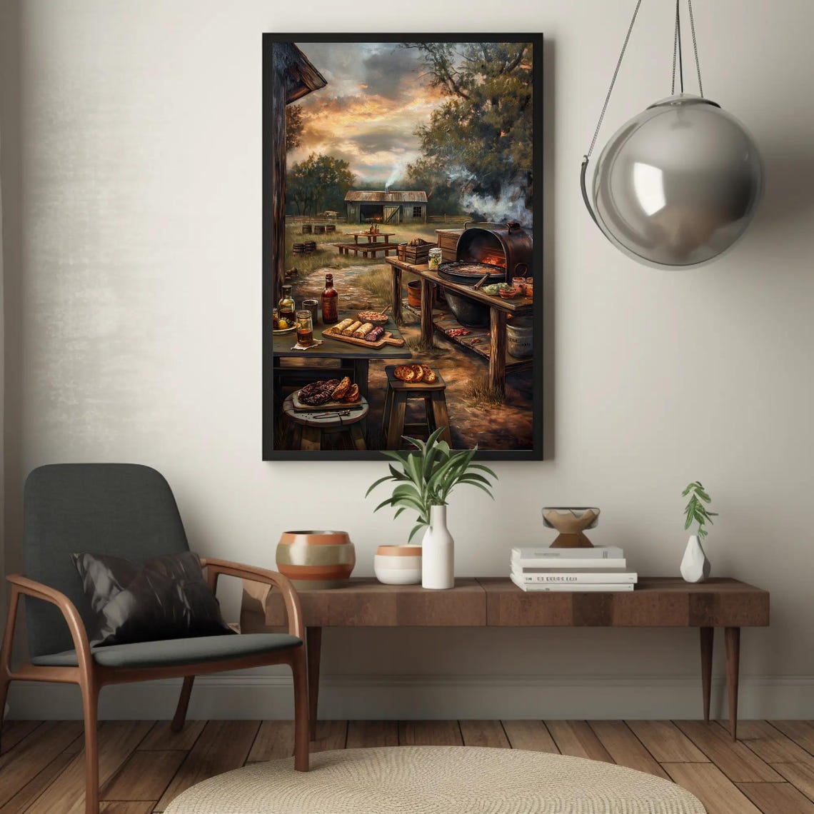 Rustic Farmhouse Backyard BBQ Smoker Grill Scene At Sunset Poster - Image 4
