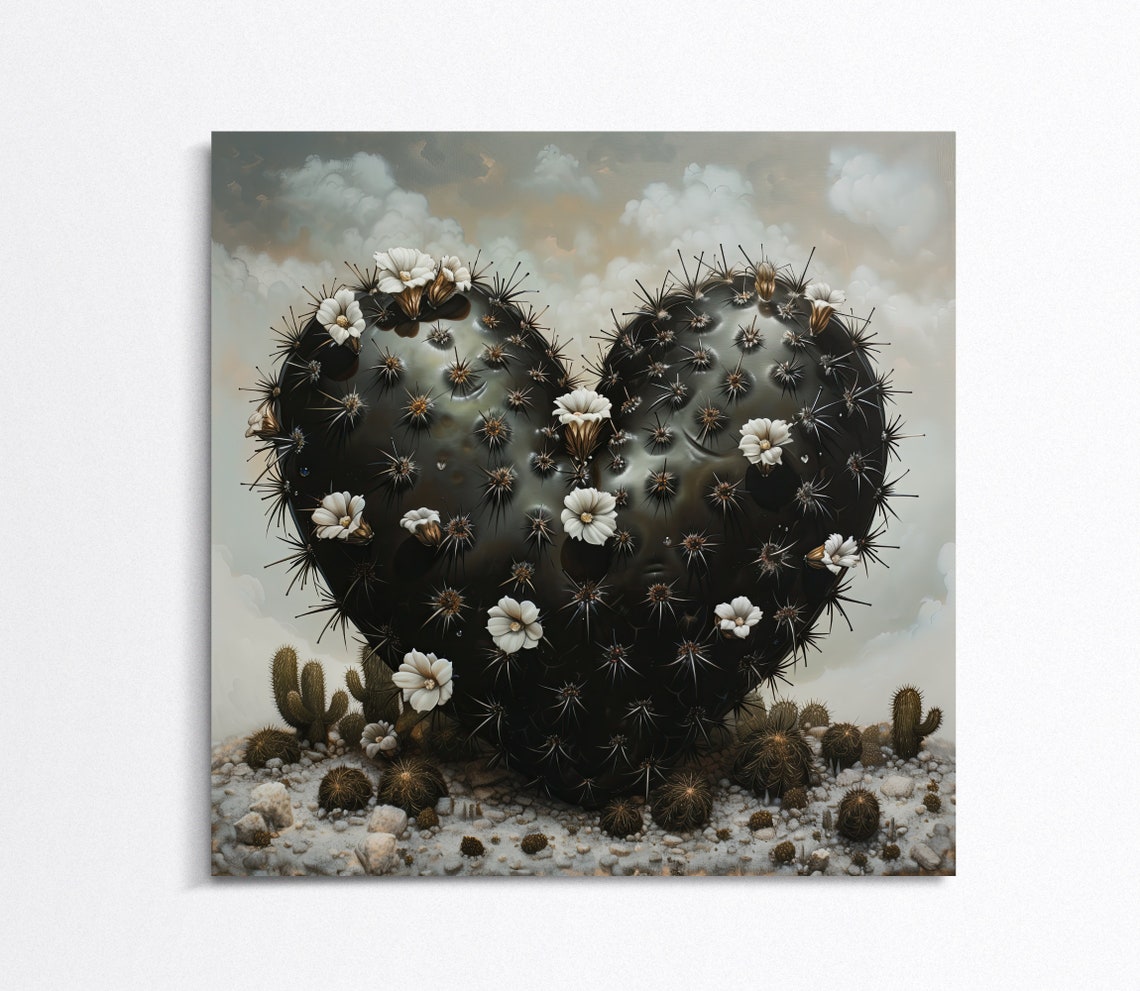 Black Heart-Shaped Cactus with White Flowers Desert Art Poster - Image 2