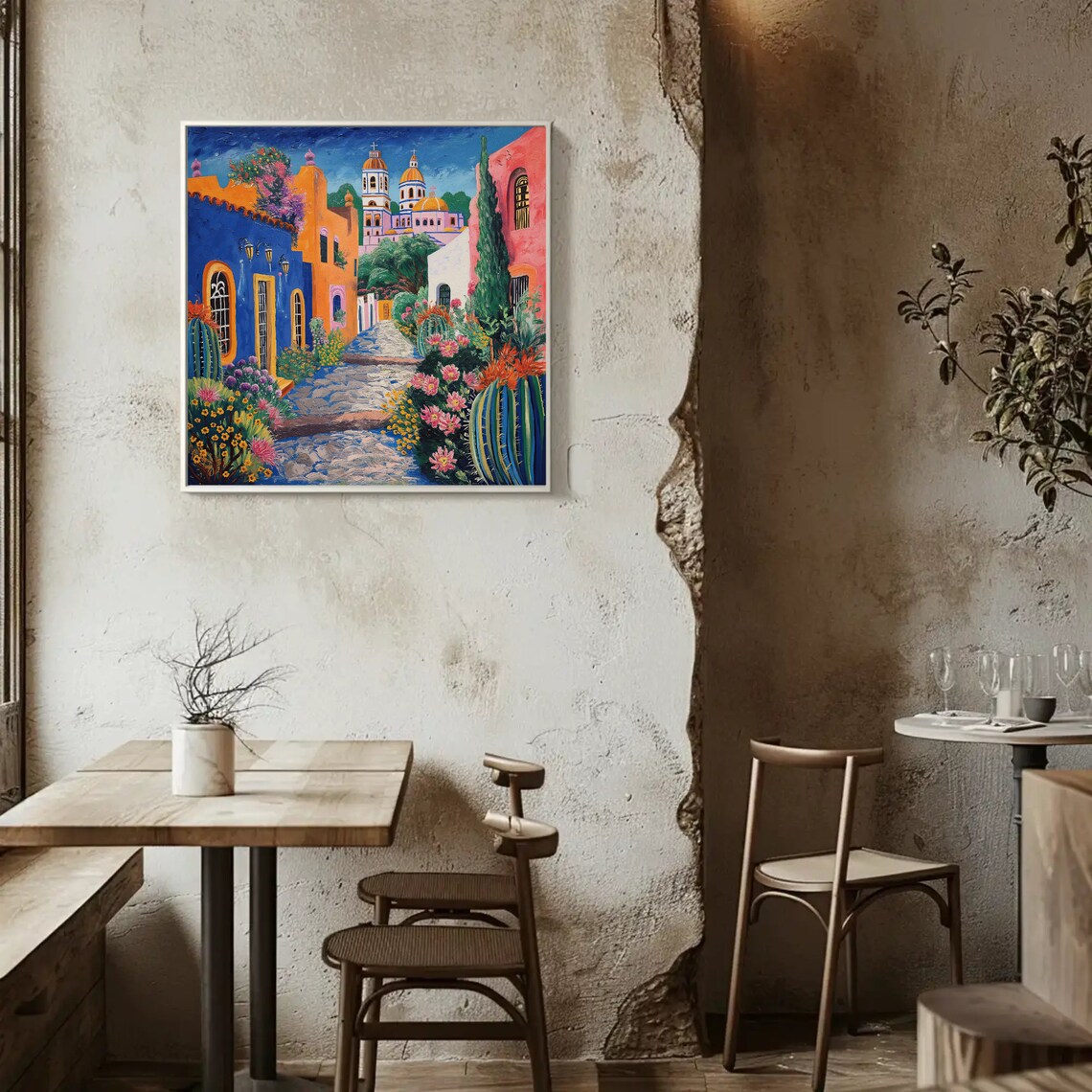Colorful Mexican Village Street With Church Towers Impasto Poster - Image 5