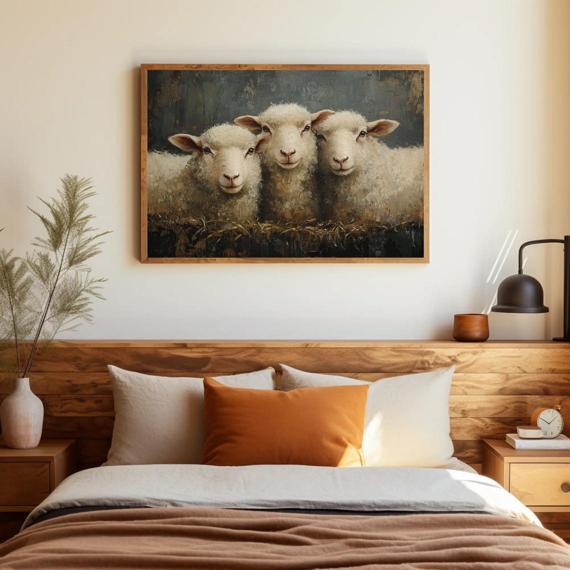 Three Smiling Sheep in Straw Against a Blue Gray Backdrop Poster - Image 3