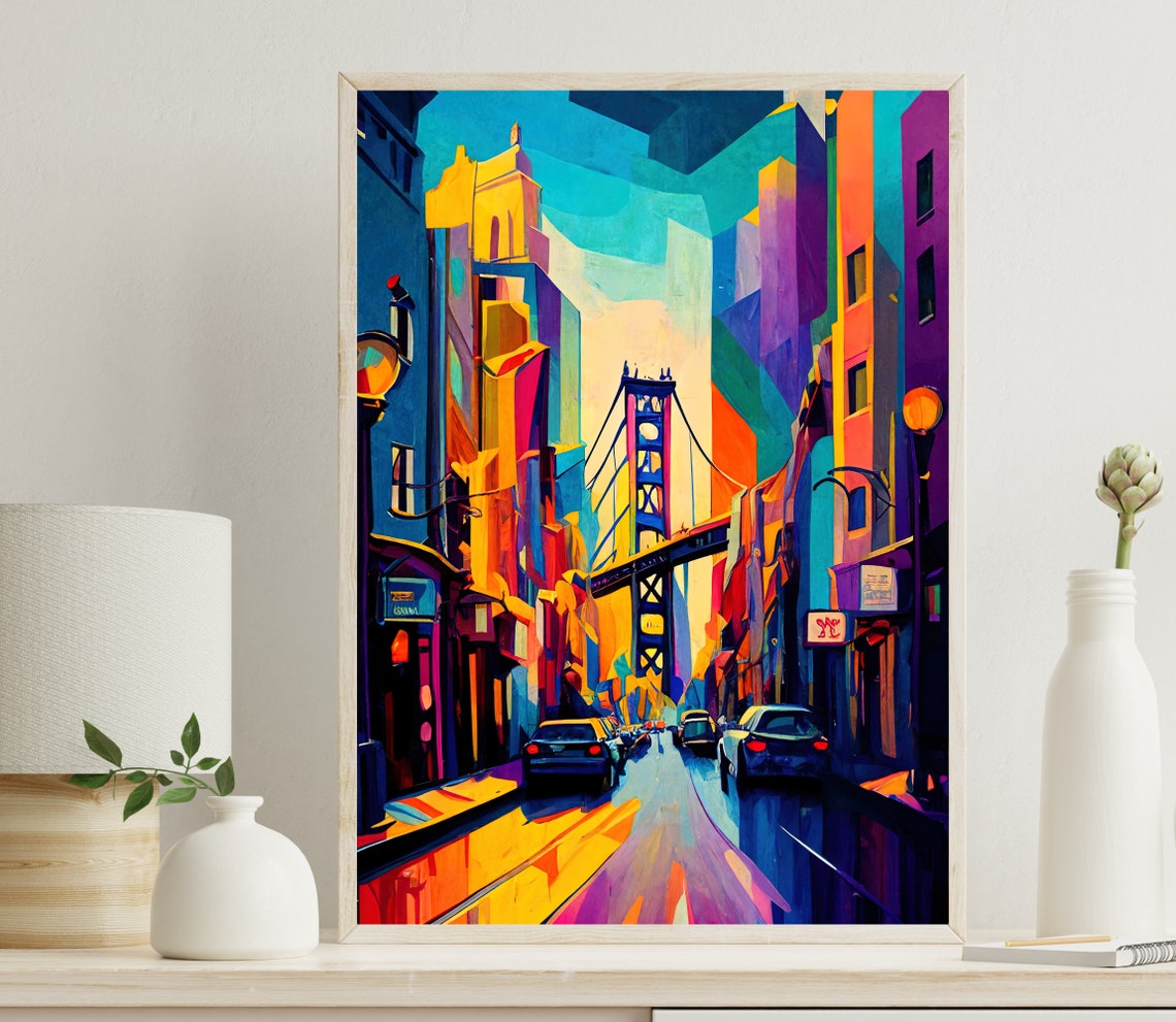 San Francisco Cubist Street Suspension Bridge Rainbow Art Poster