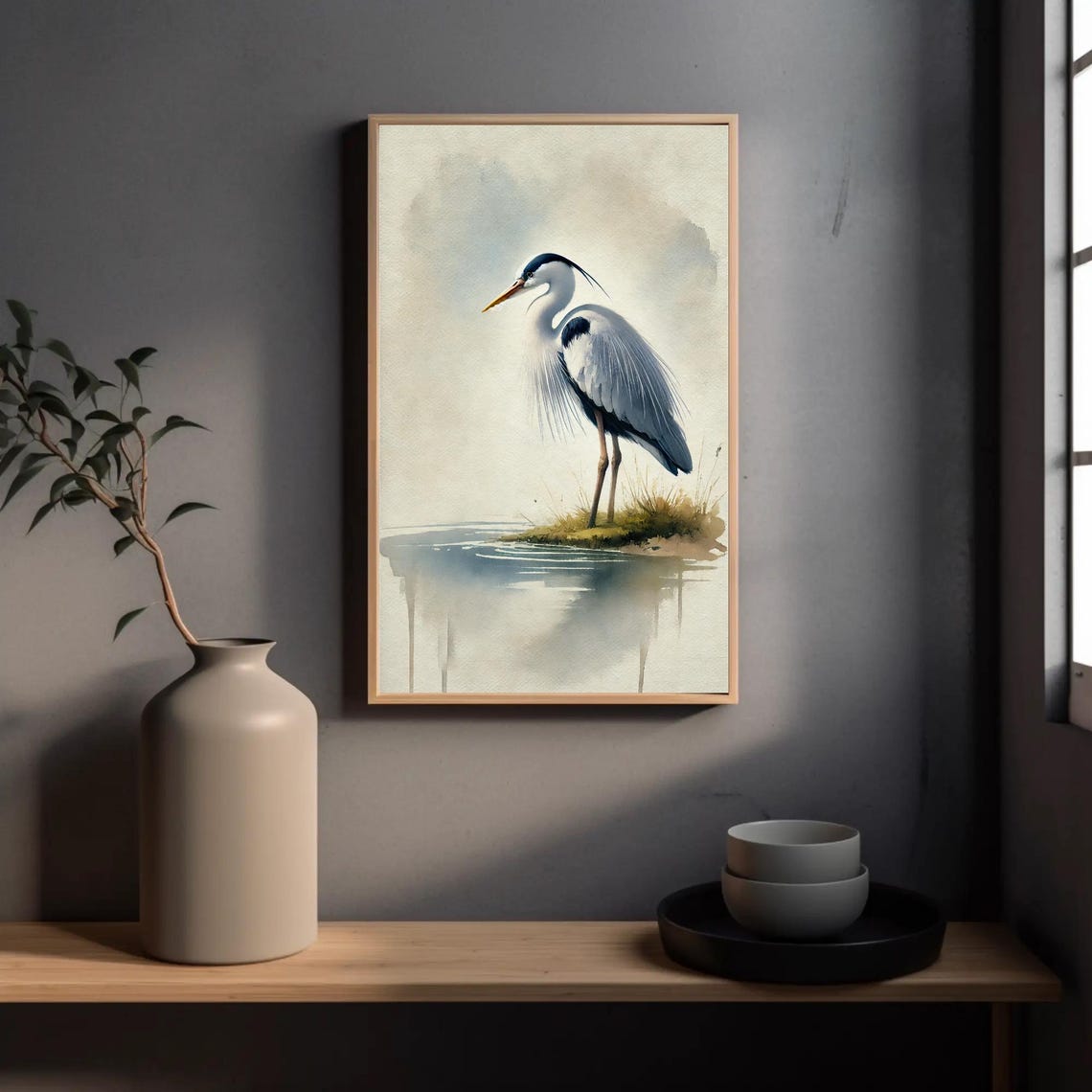 Solitary Grey Heron At Water Reflection Soft Watercolor Poster - Image 3