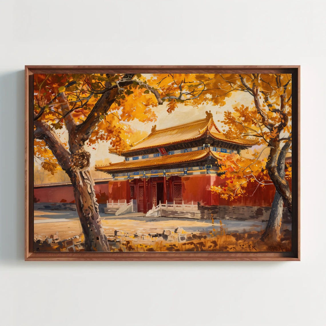 Golden Autumn In The Forbidden City Print Majestic Chinese Palace Painting Historic Beijing Wall Art For Living Room Office Decor