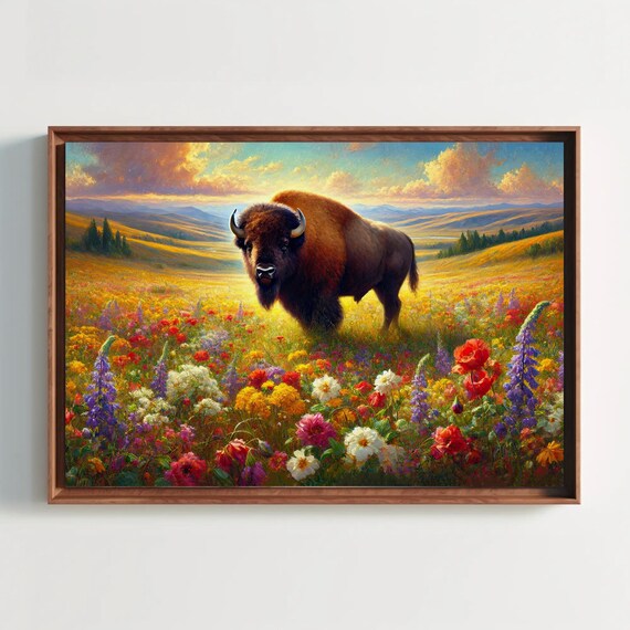 Bison Standing in a Sunlit Field of Colorful Wildflowers Poster