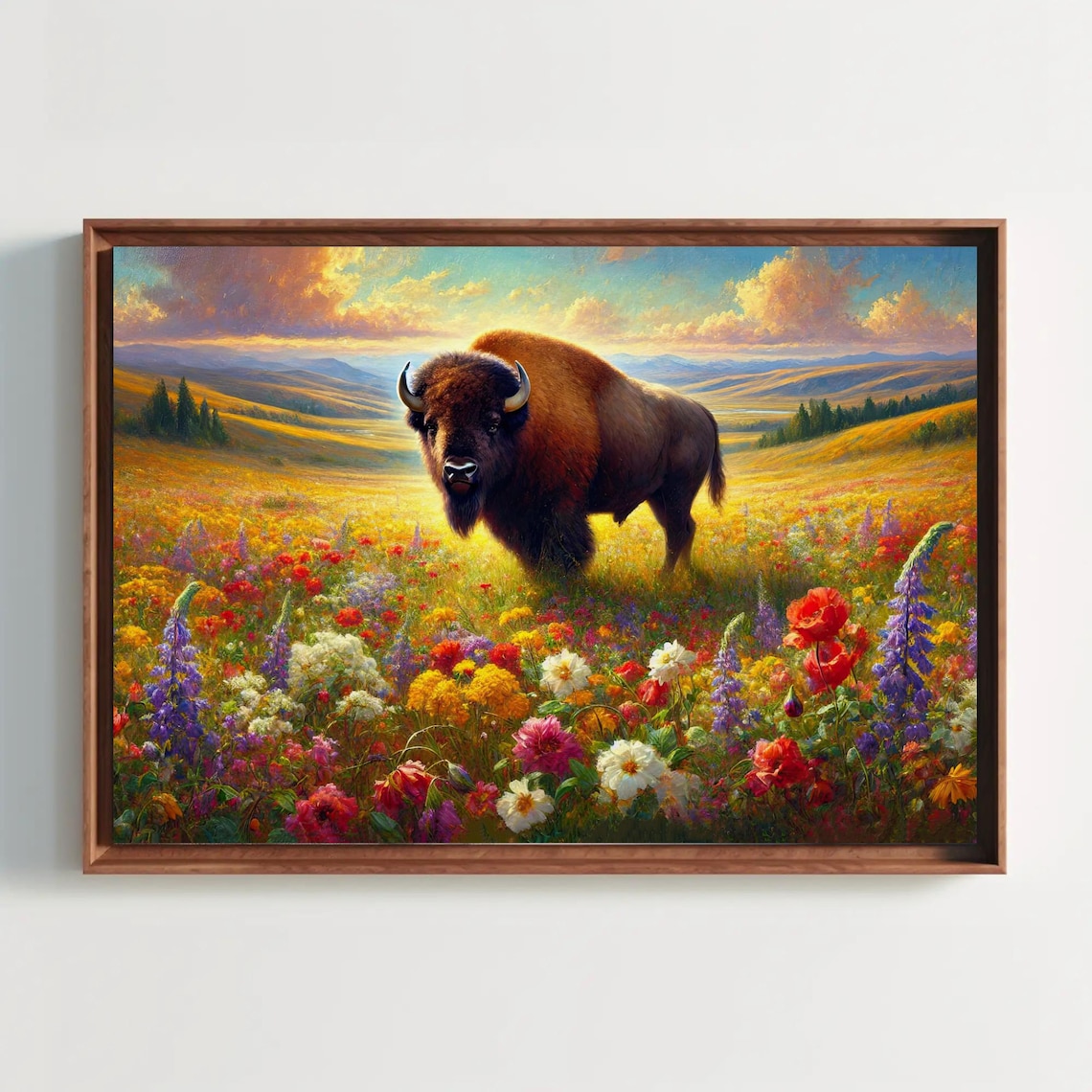 Bison Standing in a Sunlit Field of Colorful Wildflowers Poster