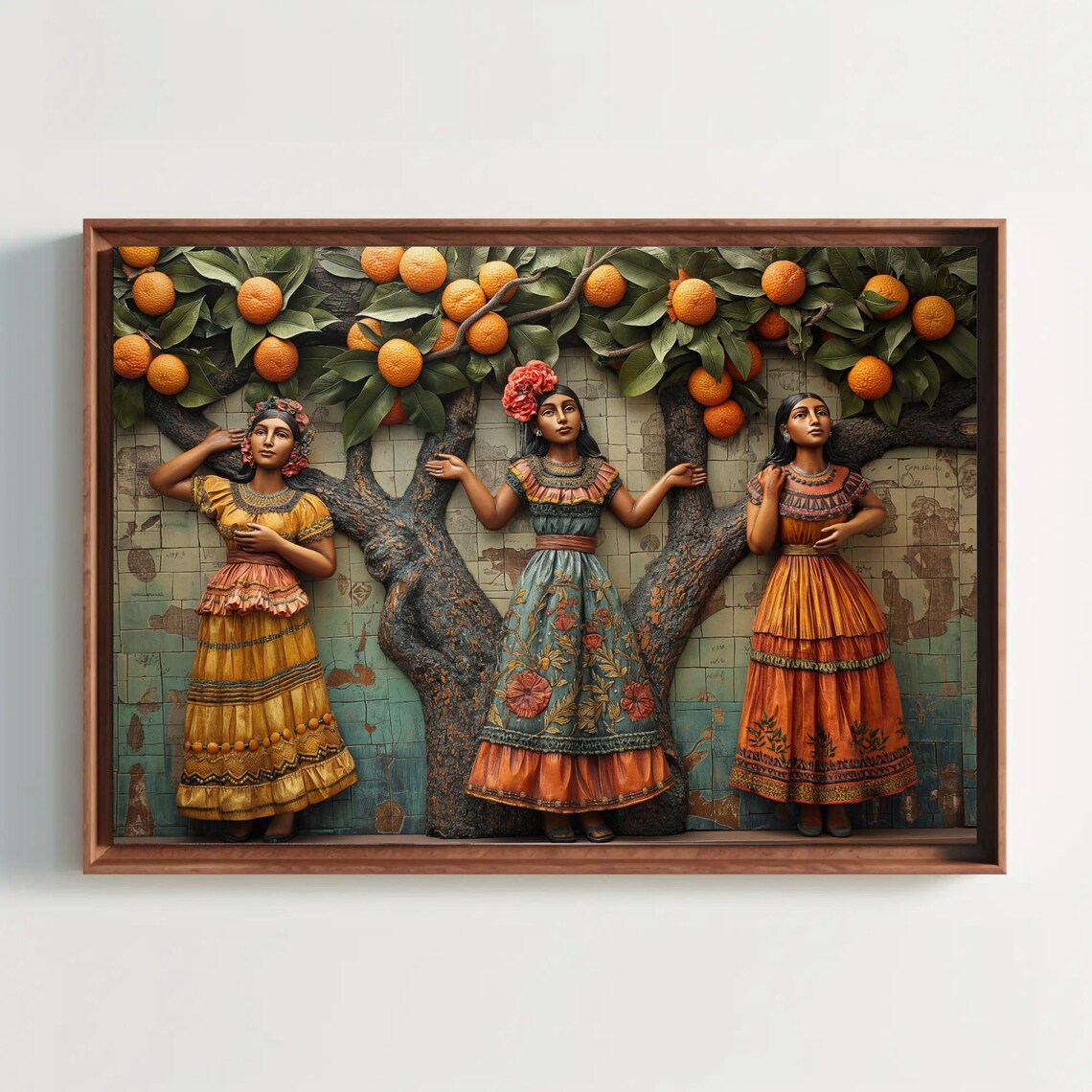 Three Mexican Women Under Orange Tree, 3D Illusion Art Print