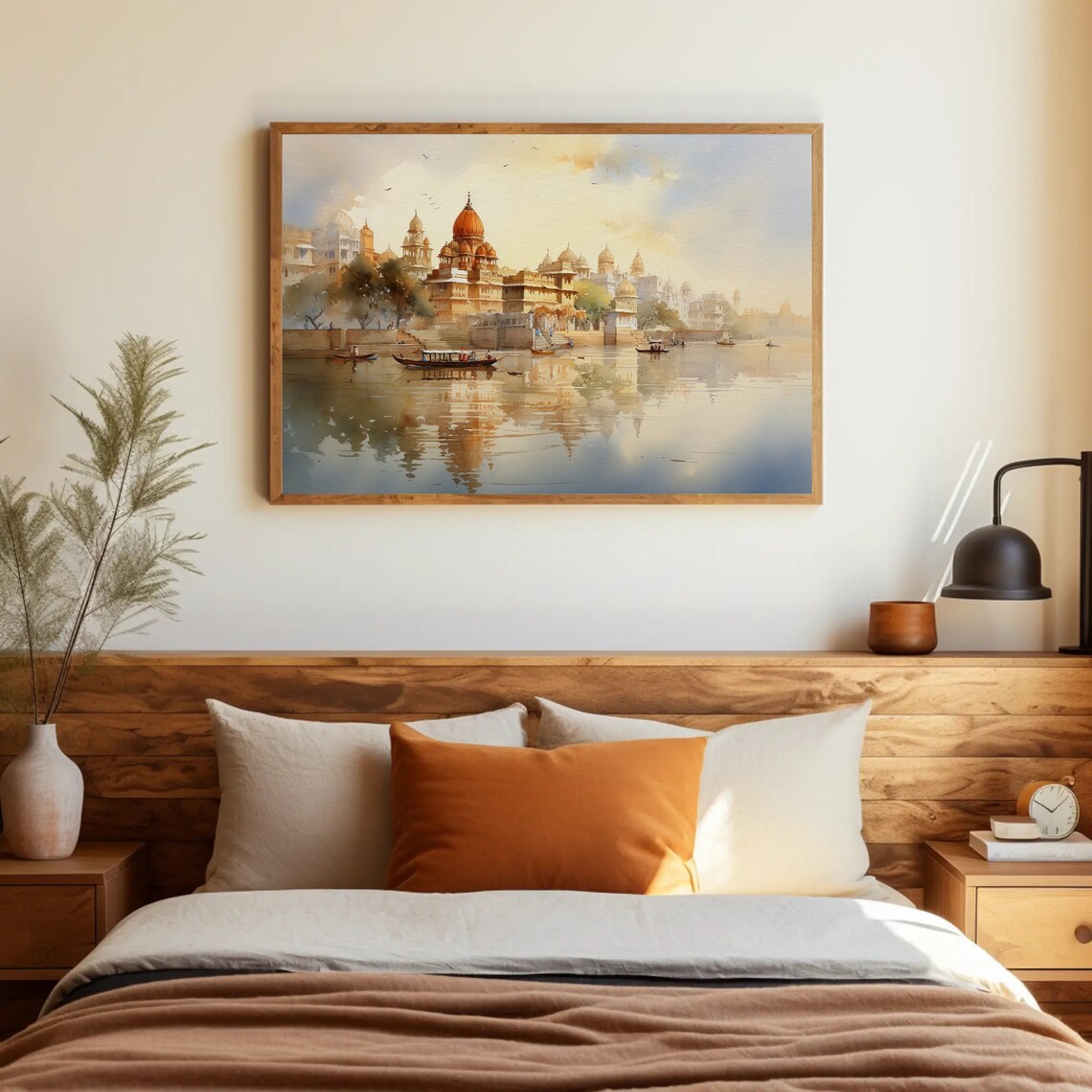 Indian Riverside Palace With Boats Watercolor Travel Art Poster - Image 4