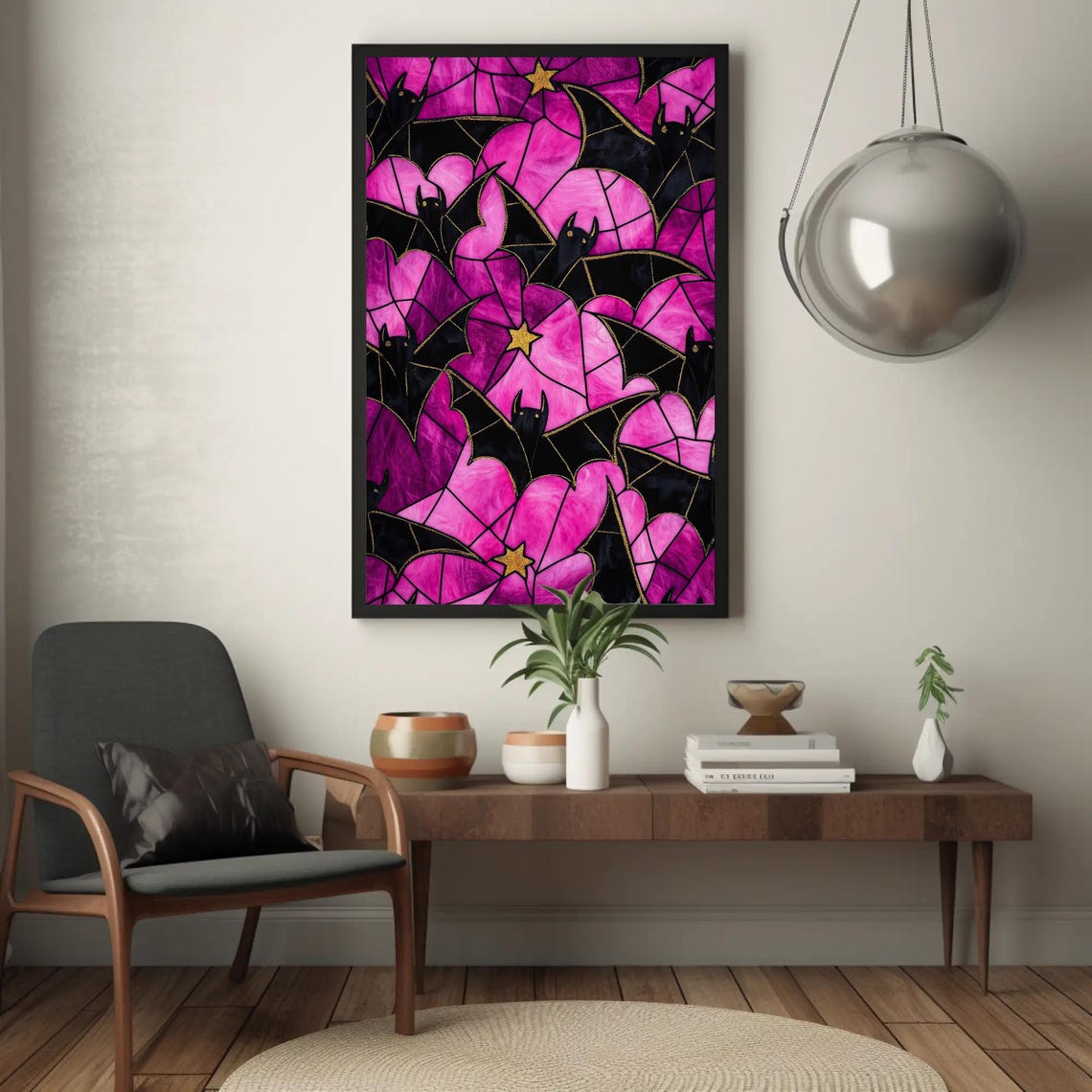 Pink Stained Glass Bats With Gold Stars Halloween Gothic Poster - Image 3