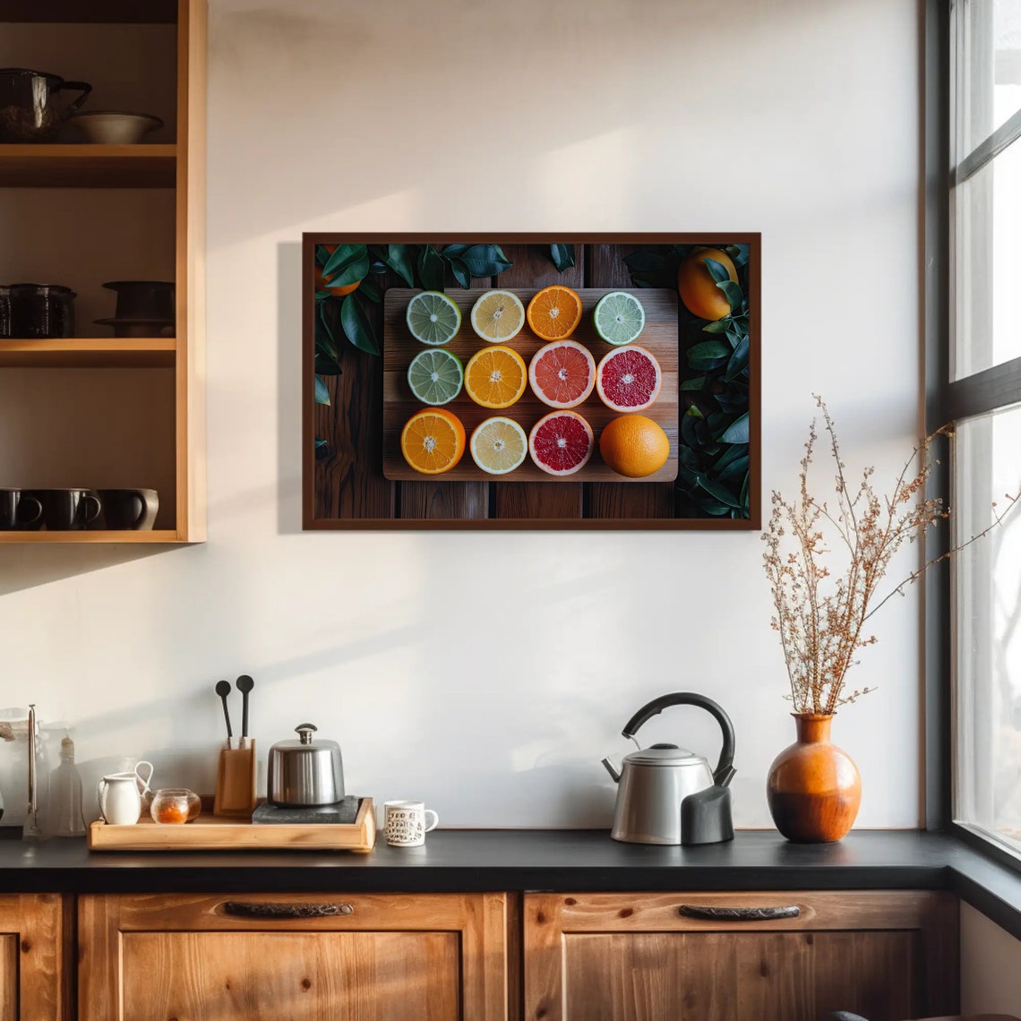 Sliced Citrus Fruits Wooden Board Overhead Kitchen Decor Poster