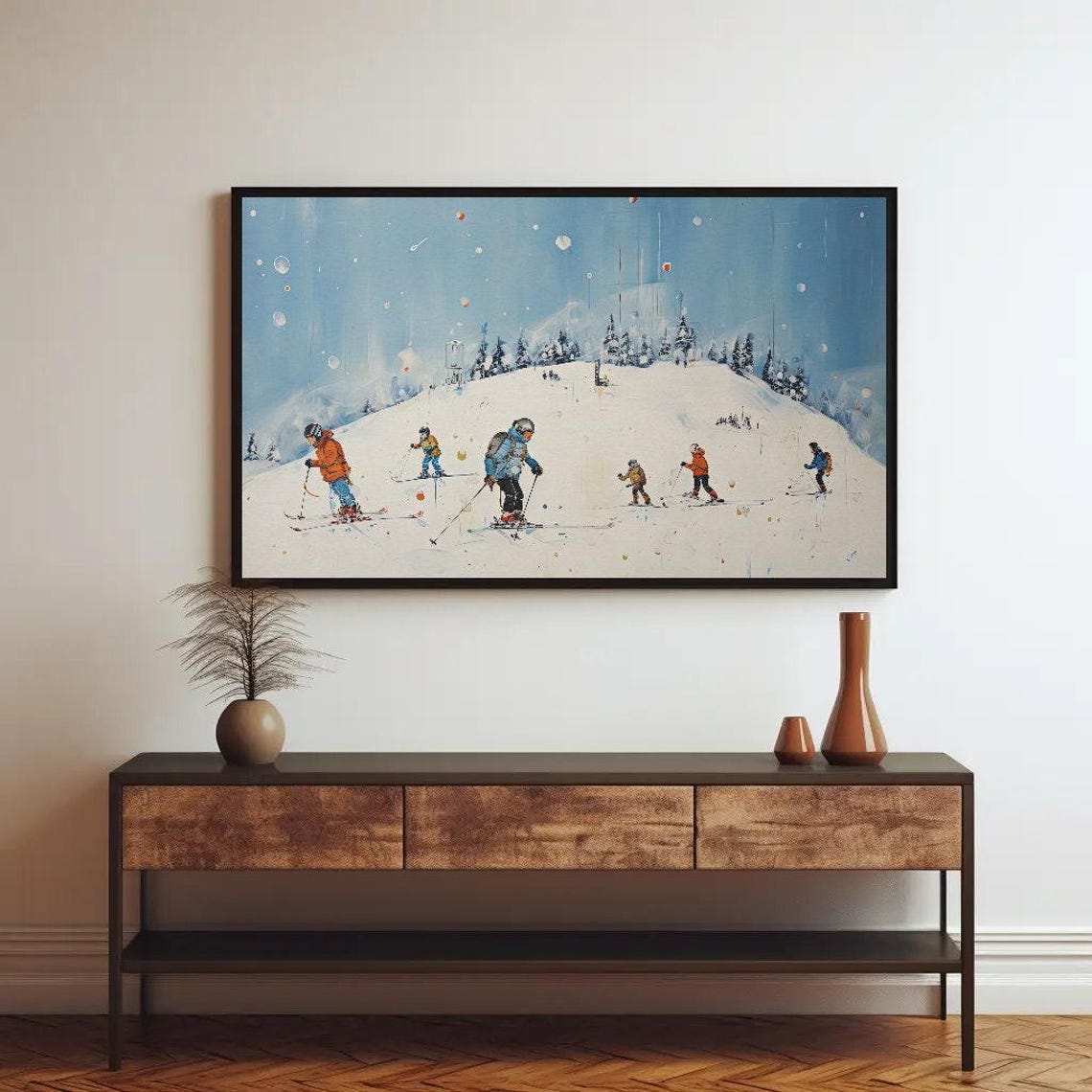 Skiers on a Snowy Mountain Slope Winter Sport Scene Art Poster - Image 2