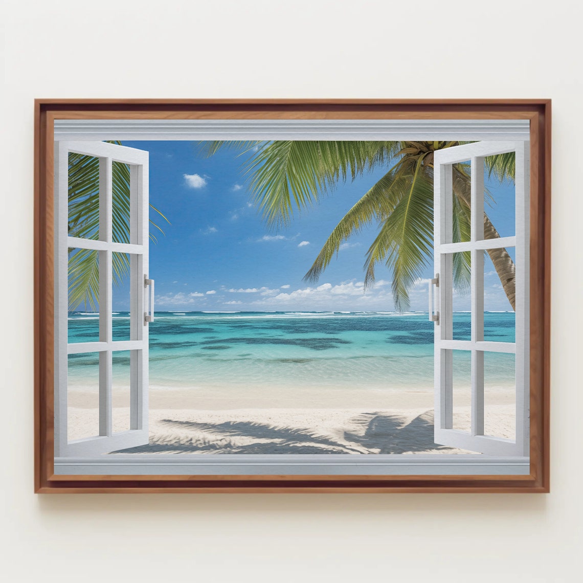 Caribbean Beach Palms Through Open White Window Tropical View Poster - Image 3