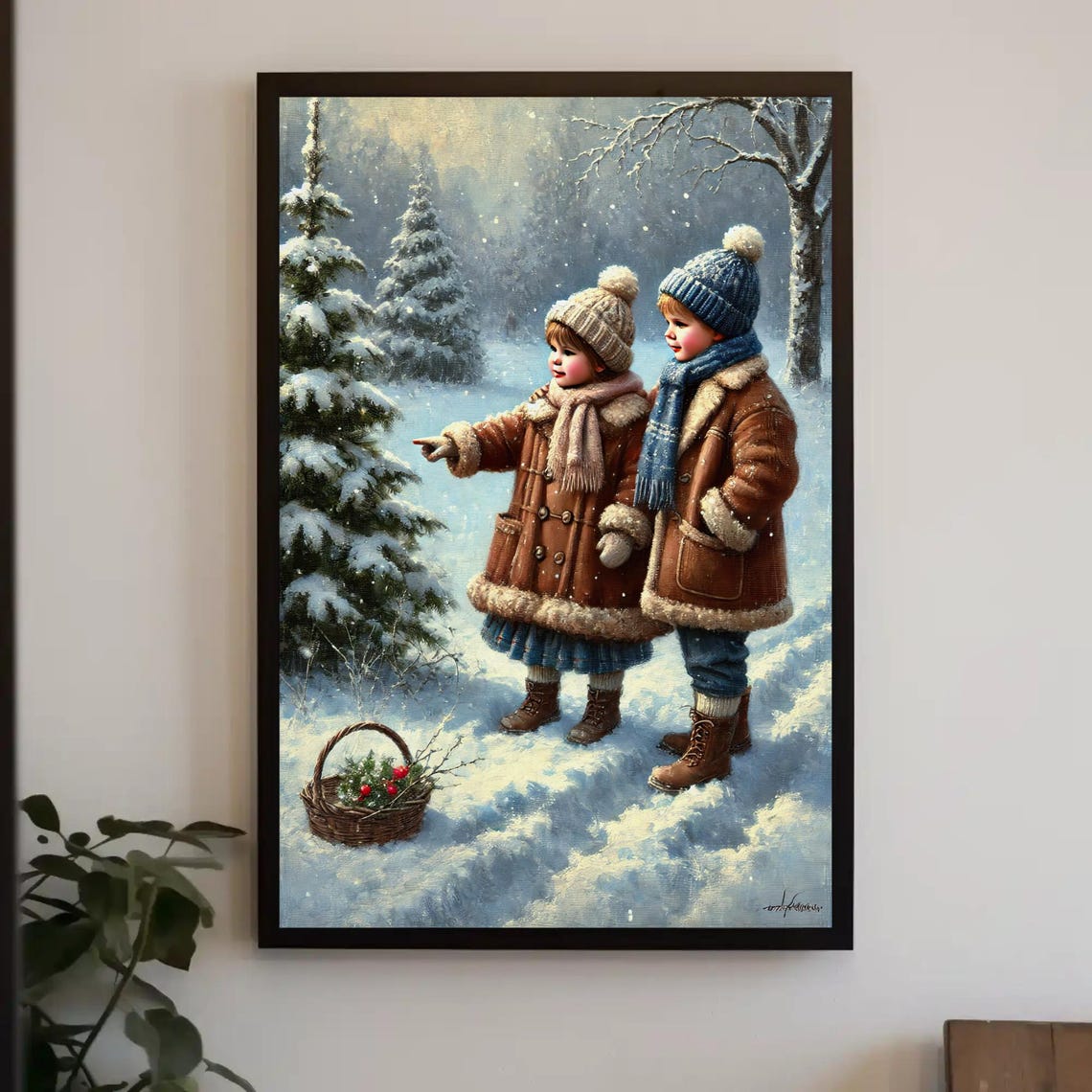 Two Warmly Dressed Children In A Snowy Winter Forest Scene Poster