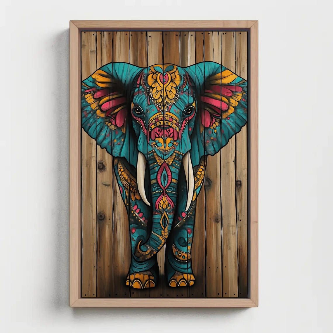 Colorful Mandala Elephant Portrait on Rustic Wood Planks Art Poster - Image 5